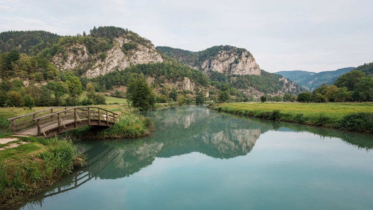 Flusslandschaft der Altmühl mit Wiesen und hellen Hängen
