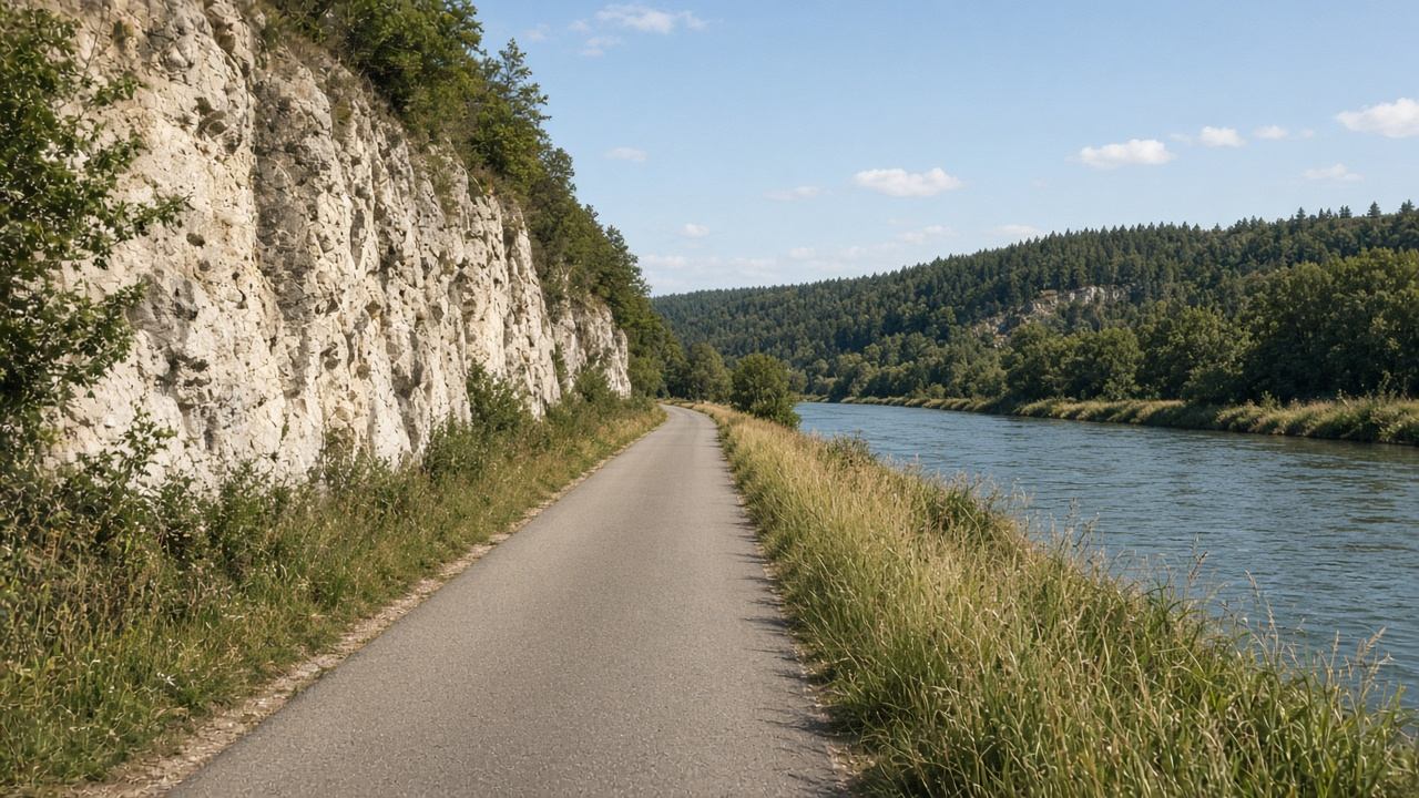 Langer Radweg entlang der Altmühl unter hellen Felsen
